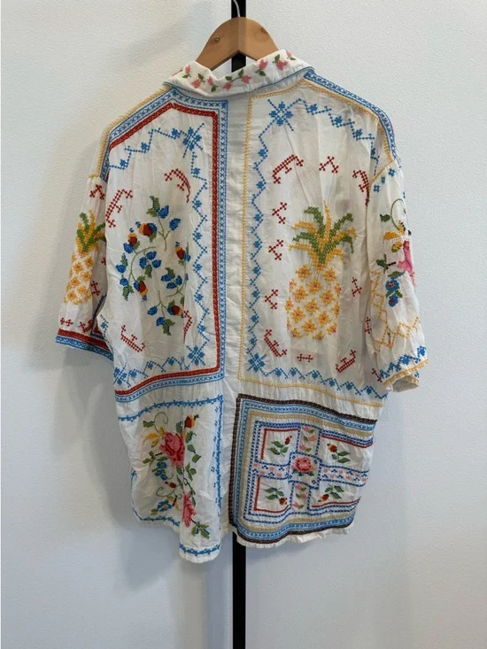 Farm Rio Embroidered Pineapple & Floral Short-Sleeve Shirt XL Tropical Vacation - Picture 5 of 14